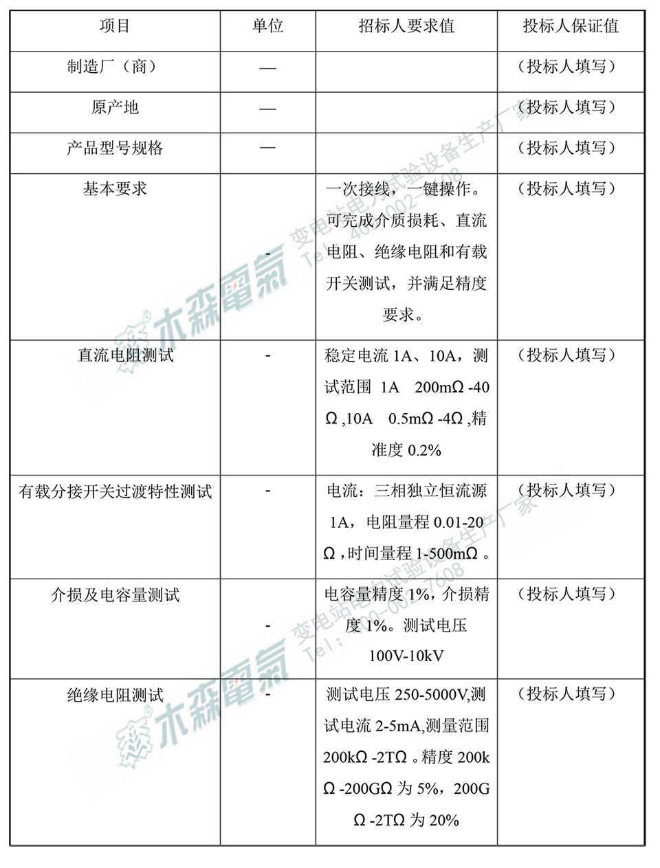 電力變壓器自動檢測規(guī)范書響應(yīng)表技術(shù)