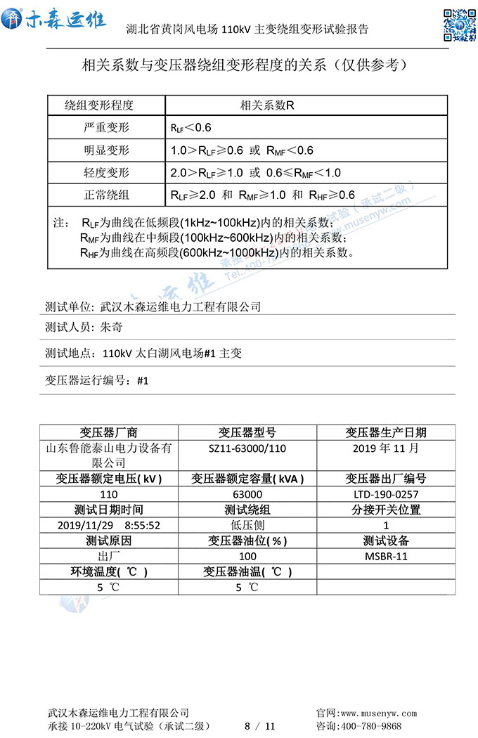 湖北黃崗風(fēng)電110kV主變繞組變形試驗報告p8